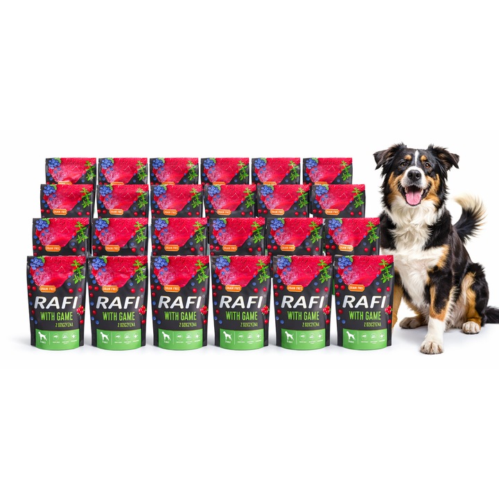 Hrana umeda pentru caini RAFI cu vanat, plicuri 24x500 g, set 24 plicuri, vanat