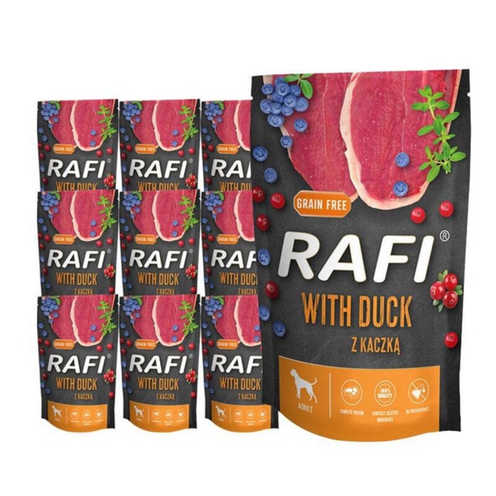 Hrana umeda pentru caini RAFI cu rata, plicuri 10x500 g, set 10 plicuri, rata