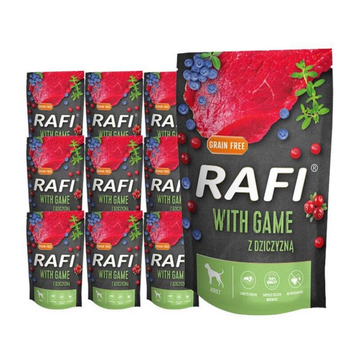Hrana umeda pentru caini RAFI cu vanat, plicuri 10x500 g, set 10 plicuri, vanat