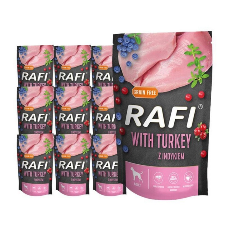Hrana umeda pentru caini RAFI cu curcan, plicuri 10x500 g, set 10 plicuri, curcan
