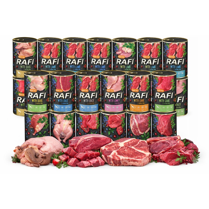 Hrana umeda pentru caini RAFI Adult, conserve 24x400 g, set 3x8 arome, mix de arome