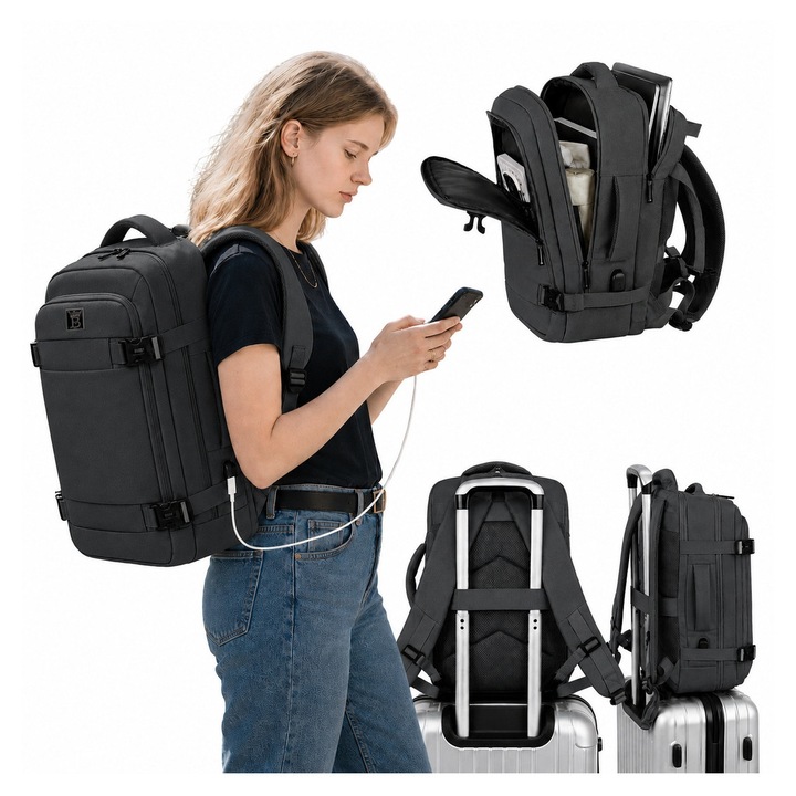 Rucsac de Calatorie 40x25x20 cm, pentru Laptop, pentru Avion, Bagaj de Mana, Compatibil Ryanair si Wizz Air, Port USB, Prindere pentru Troler, Capacitate 20 L, Impermeabil, Negru