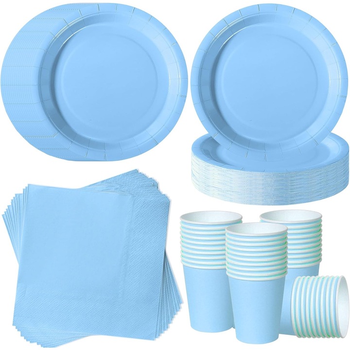 Set de tacamuri pentru petrecere de ziua de nastere, 72 de piese, set de tacamuri clasice de unica folosinta, albastru deschis, potrivit pentru 24 de invitati