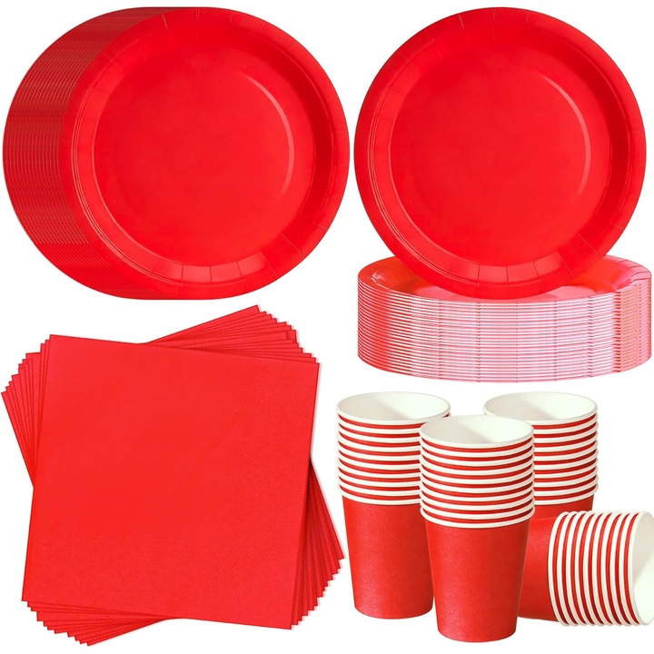 Set de tacamuri pentru petrecere de ziua de nastere, set de tacamuri rosii de unica folosinta, 120 de piese, pentru 40 de invitati - farfurii de 18 cm
