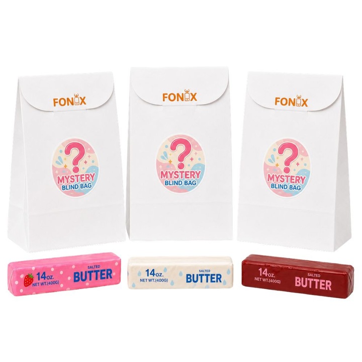 Комплект от 3 мистериозни торбички FONIX със Squishy Butter, антистрес играчка Slow Rising от PU, изненадващ модел, ултра мека и фина текстура, различни аромати, Fidget Toy за деца и възрастни, релаксиращ подарък, антистрес, 13 см, мистериозен цвят