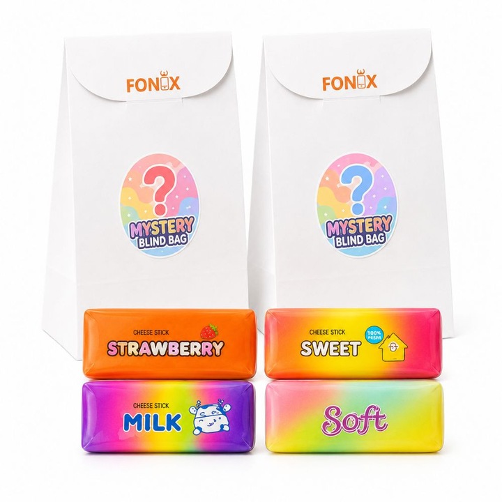 Комплект 2 мистериозни торбички FONIX със Squishy Butter Cheess, антистрес играчка Slow Rising от PU, изненадващ модел, ултра мека и фина текстура, приятен аромат, Fidget Toy за деца и възрастни, релаксиращ подарък, антистрес, 13 см, мистериозен цвят