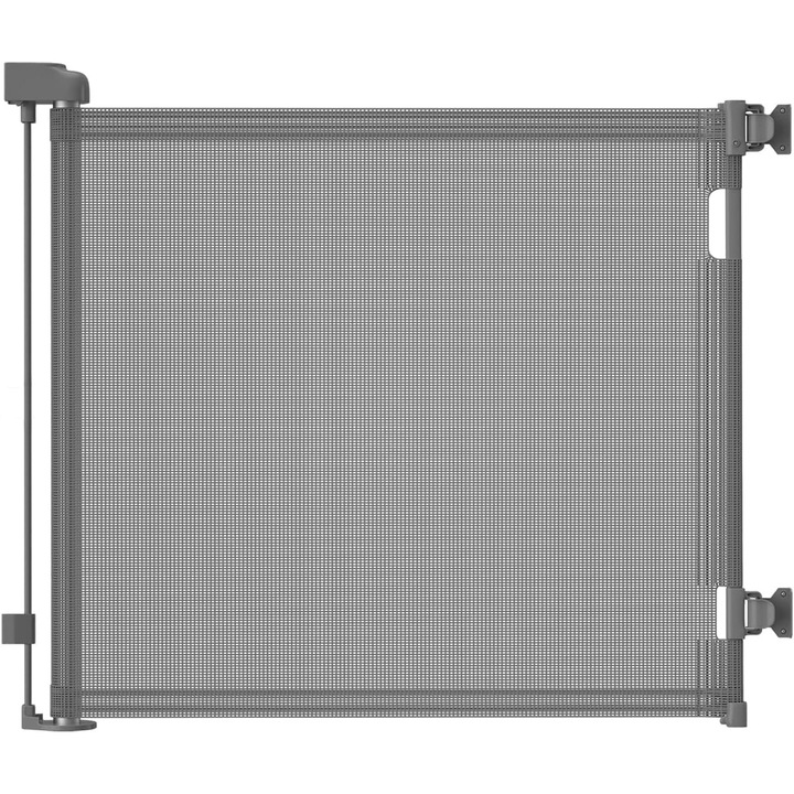 Derimkcoa visszahúzható biztonsági kapu, gyerekeknek és állatoknak, 140 x 86 cm, 0-140 cm nyitás, zárrendszer, beltéri/kültéri használat, műanyag és háló, szürke színű