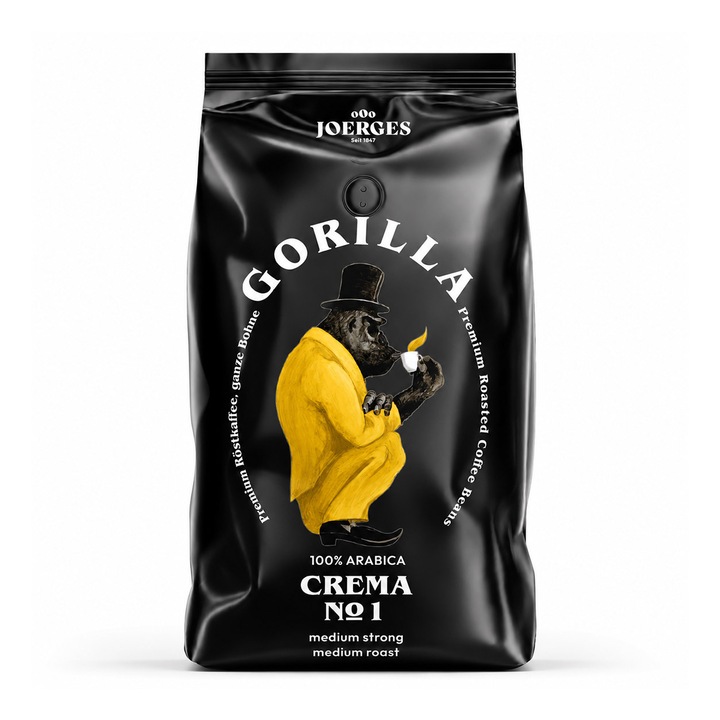 Cafea Boabe Premium Joerges Gorilla Crema No.1, 100% Arabica, Prajire Medie, Aciditate Delicata, pentru Espresso, Cafea Crema si Americano, 1 Kg