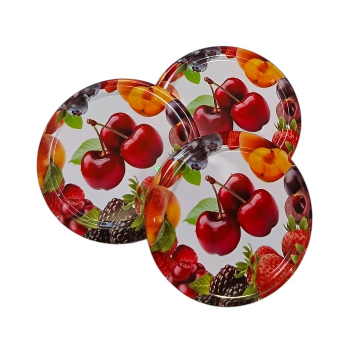 Set 50 capace metalice cu filet pentru borcane, FI 63 mm, model legume/fructe