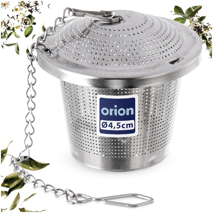 Teaszűrő Lánccal, Orion, Golyó, 4.5 cm, Ezüst, Rozsdamentes Acél, Finom Szűrő Tealevelekhez, Gyógynövényekhez, Fűszerekhez, Biztonságos Záródás, Fém Szűrő Akasztóval Bögréhez Vagy Teáskannához, Mosogatógépben Mosható