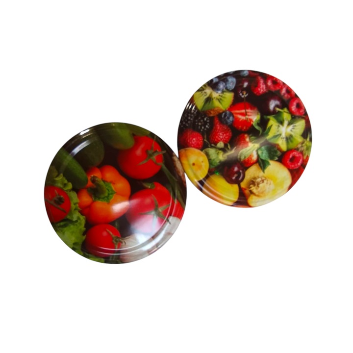Set 50 capace metalice cu filet pentru borcane, FI 66 mm, model legume/fructe