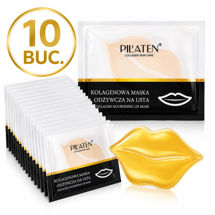 Set 10 Sasete - Masca de Colagen pentru Buze Pilaten Collagen Lip Mask, Hidratanta si pentru Fermitate