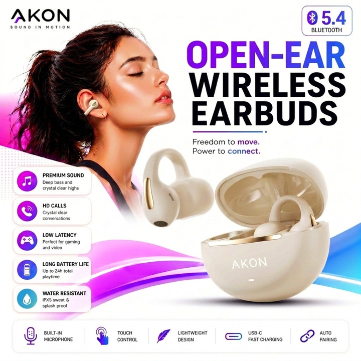 Casti Wireless Clip-On AKON® M136, Bluetooth 5.4, Audio HD, Fara fir, Sunet Stereo, Control Tactil, Afisaj Digital LED, Izolare Zgomot, Autonomie 24 ore, pentru Sport, Gaming, Muzica si Apeluri, Compatibile Android & iPhone, Bej
