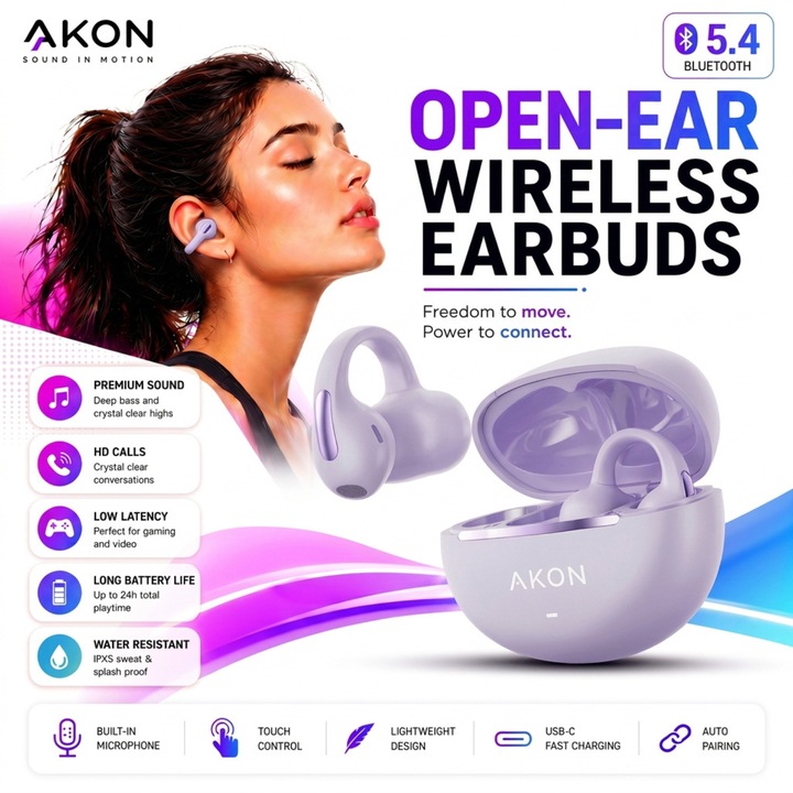 Casti Wireless Clip-On AKON® M136, Bluetooth 5.4, Audio HD, Fara fir, Sunet Stereo, Control Tactil, Afisaj Digital LED, Izolare Zgomot, Autonomie 24 ore, pentru Sport, Gaming, Muzica si Apeluri, Compatibile Android & iPhone, Mov