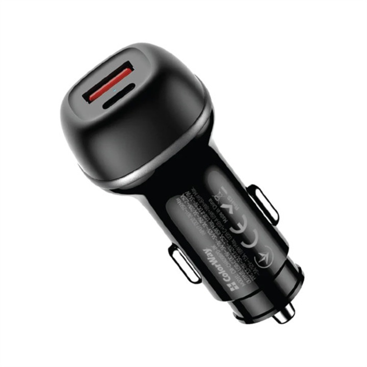 COLORWAY Autós töltő, CW-CHA068PD-BK, 2xUSB (Type-C PD65W + USB QC3.0 18W) (83W), fekete