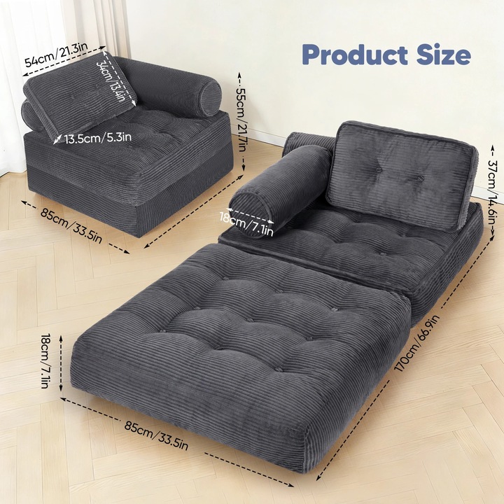Fotoliu extensibil, Canapea 1 loc pliabila, Spatar reglabil, Piele ecologica, Umplutura din burete, Portabila, Design scandinav, Gri
