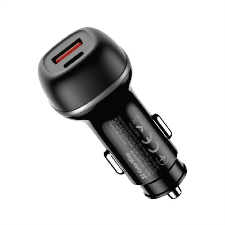 COLORWAY Autós töltő, CW-CHA067PD-BK, 2xUSB (Type-C PD45W + USB QC3.0 18W) (63W), fekete