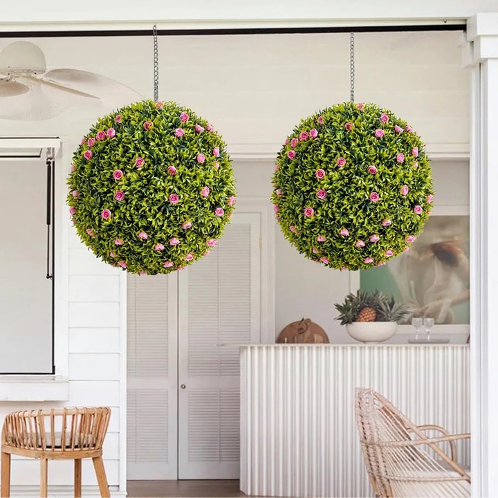 Minge decorativa cu flori artificiale, Topiary suspendata, Set 2 bucati, 57 cm, PE, Pentru exterior, Roz