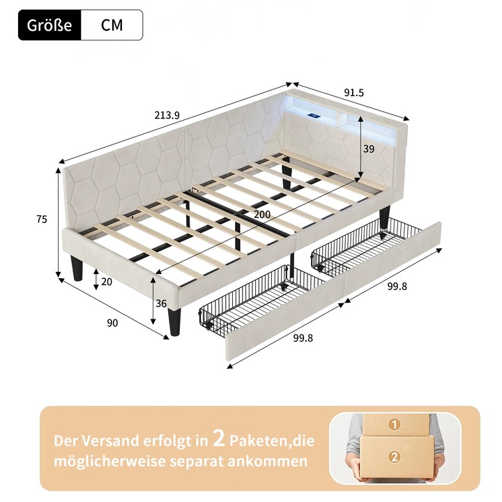 Kárpitozott kihúzható kanapé, Ifjúsági ágy 90x200 cm, LED világítás és USB állomás, 2 fiókkal, Fa keret, Bársony, Bézs