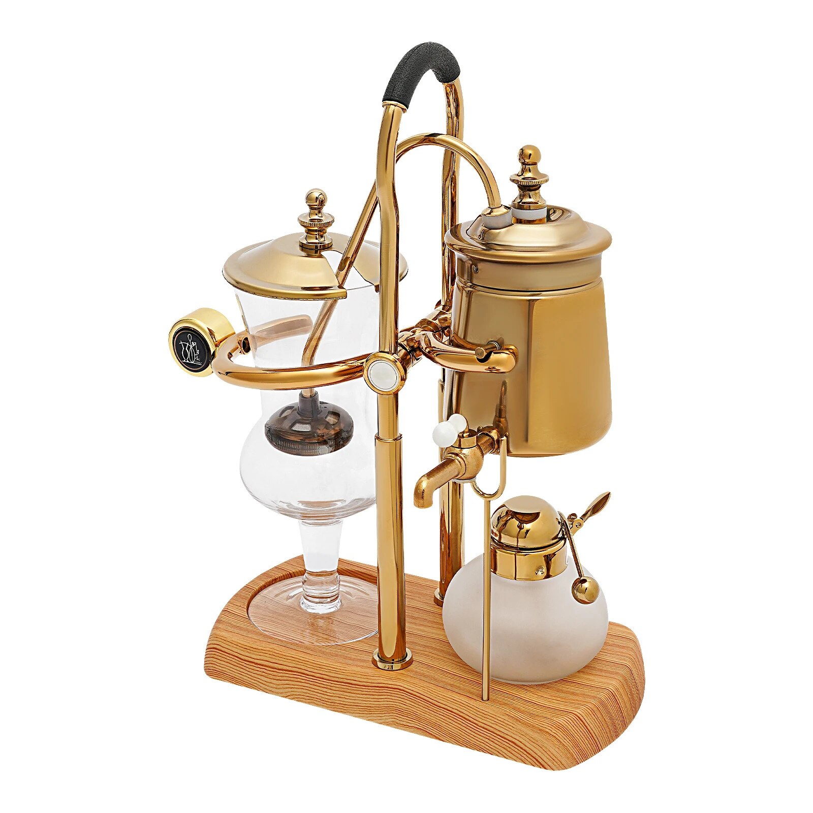 Cafetiera sifon, borosilicat, capacitate 400 ml, manuala, finisaj electroplacare titan, componente inox si ABS, baza lemnoasa, auriu/transparent, 23.5 x 12 x 38 cm