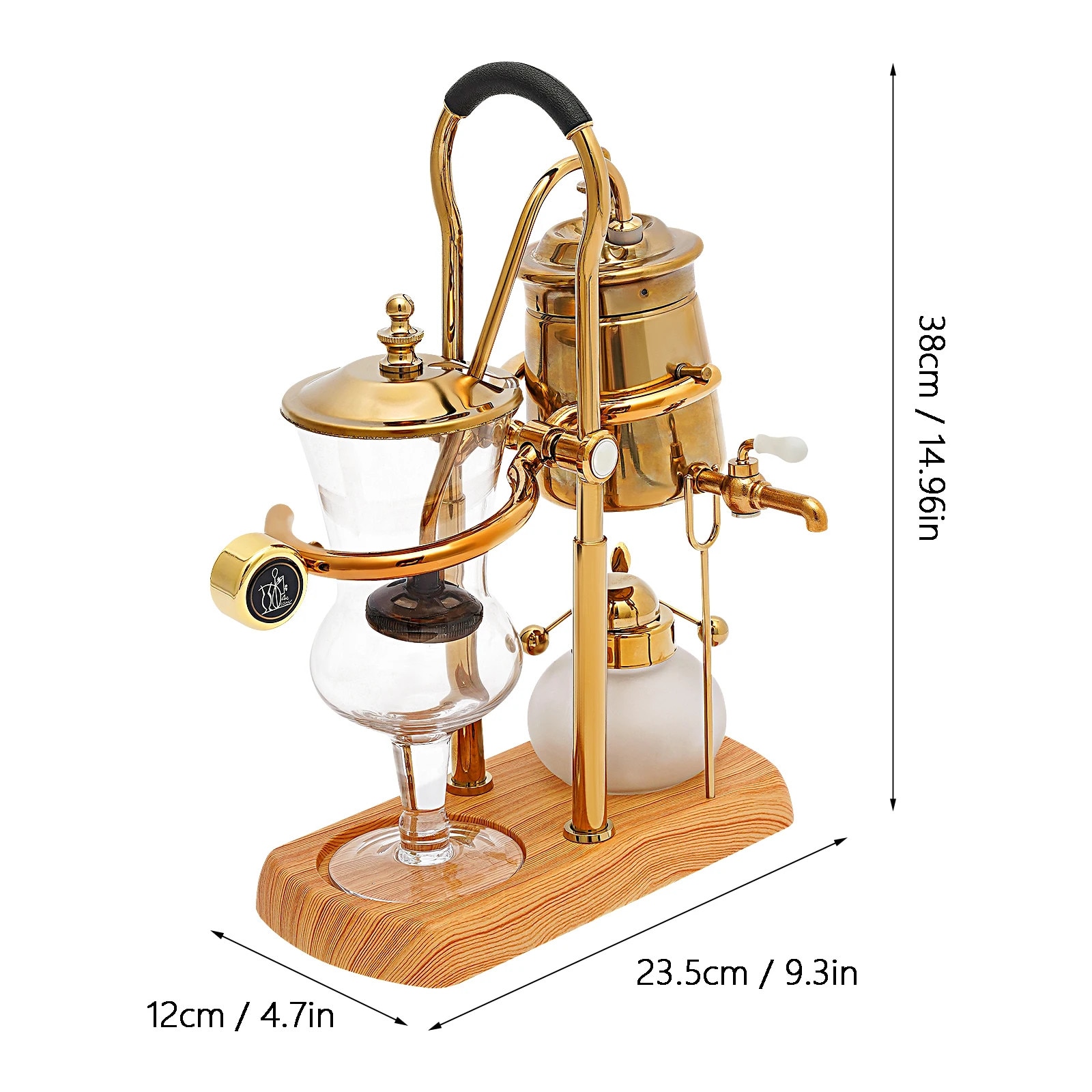 Cafetiera sifon, borosilicat, capacitate 400 ml, manuala, finisaj electroplacare titan, componente inox si ABS, baza lemnoasa, auriu/transparent, 23.5 x 12 x 38 cm