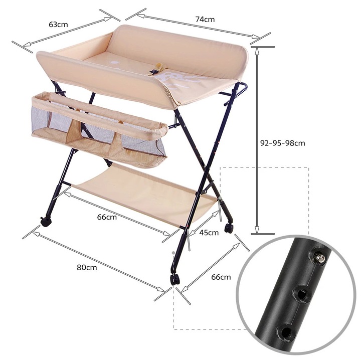 Masa de infasat pentru bebelusi, Pliabila reglabila pe inaltime, Cadru metalic, Cos de depozitare, Centura de siguranta, Patru roti cu frana, Roz aprins