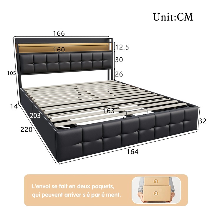 Pat tapitat, Pat matrimonial 160x200 cm, Spatiu de depozitare, Iluminare LED, Porturi USB pentru incarcare, Somiera cu lamele, Piele PU neagra