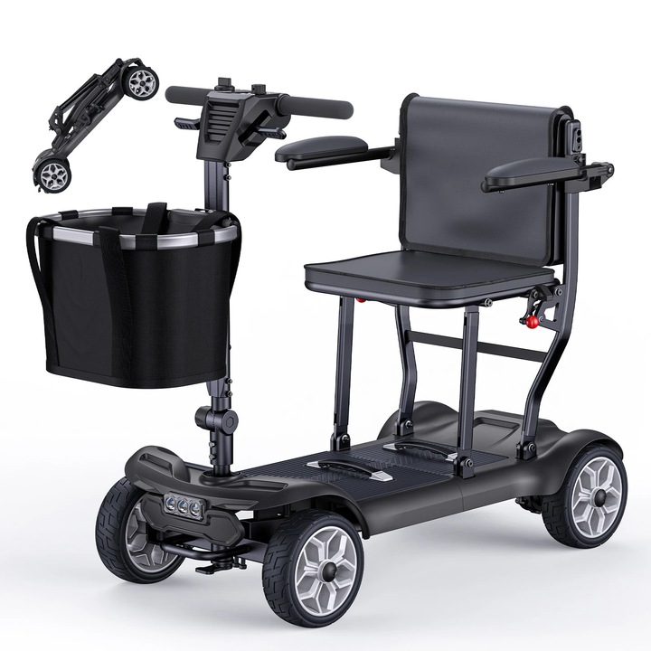 Scuter electric de mobilitate pliabil, Ease 2 Pro, 270W 24V, 2×10Ah baterii detasabile litiu, Cadru din aluminiu, Autonomie pana la 24 km, Sarcina max 120 kg, Far LED, cos, Negru