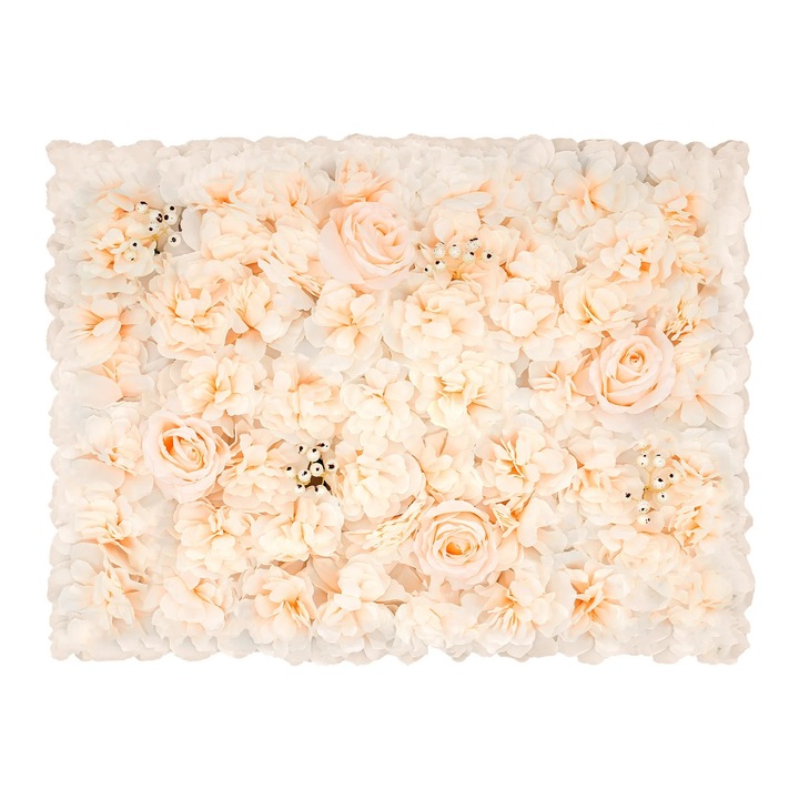 Perete de flori artificiale, Panouri 6 bucati, 60 x 40 cm/buc, Matase, Mix hortensie, trandafir sampanie & dalie, Interior, petrecere casa noua, Alb/galben pal