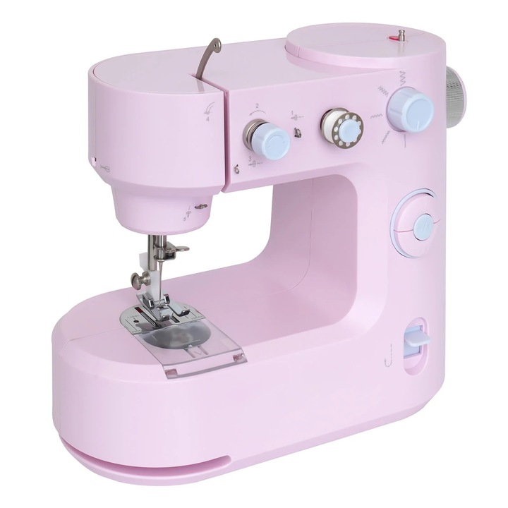 Masina de cusut mini, Masina electrica de masa, Alimentare AC priza UE, Viteza 290±30 cusaturi/min, Cusatura tip lockstitch, Pedala 1, 5 m, 26, 5×13×22, 5 cm, Roz