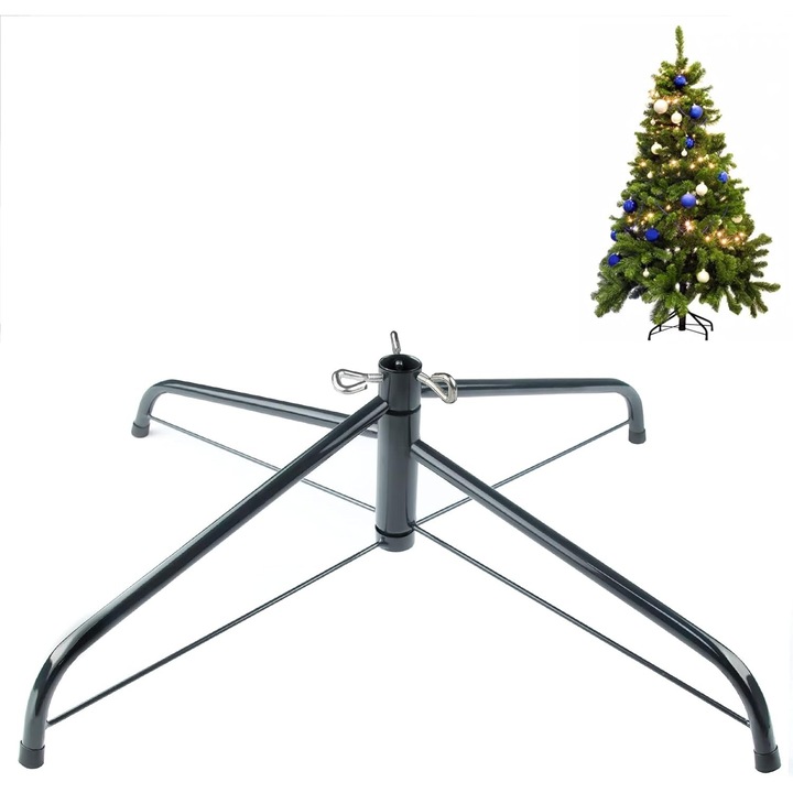 Összecsukható fém karácsonyfatalp, SYITCUN, univerzális, 70 cm átmérőjű, akár 300 cm-es karácsonyfákhoz, maximális terhelés 50 kg, állítható nyomócsavarok, elektrosztatikusan festett acél