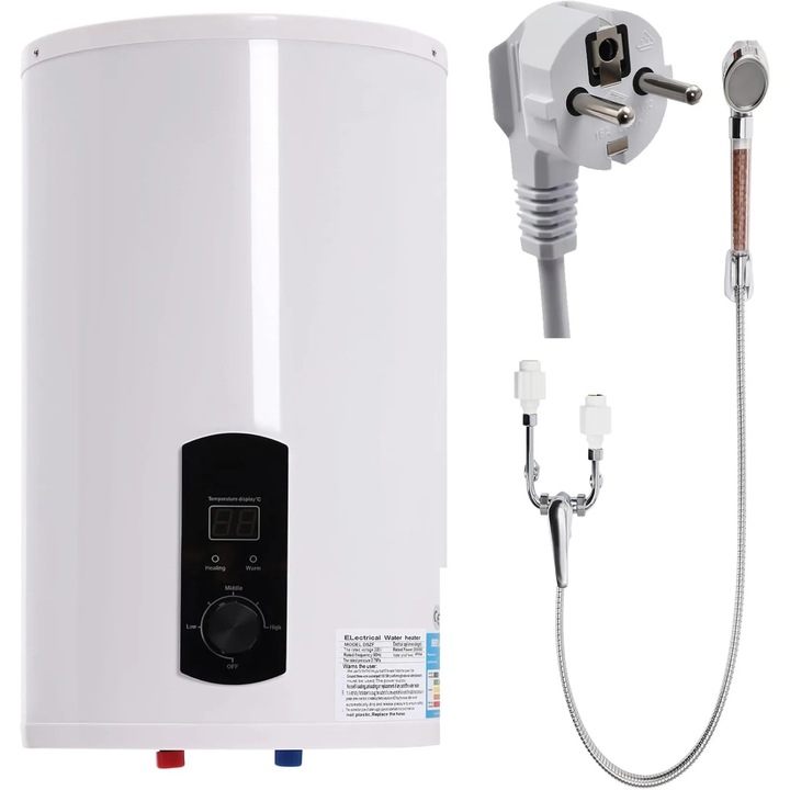 Elektromos bojler, Lapos melegvízmelegítő 30 L, 2000 W, LED kijelző, CE tanúsítvány, Méretek 34 x 59 cm