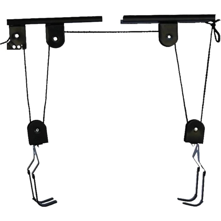 Kerékpár emelő, Mennyezeti csörlős daru, Acél, 60 kg teherbírás, 17 cm-es horgok, Mennyezeti rögzítés, Garázs tároláshoz, Fekete