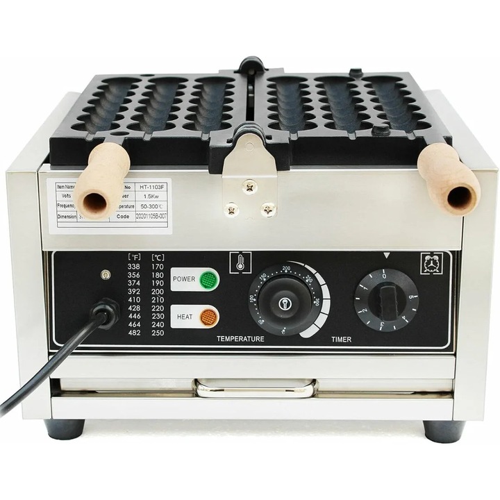 Уред за балонни гофрети/яйчени гофрети, мини професионален, 1500 W, регулируема температура 50–300 °C, въртяща се плоча на 180°, инокс 201 + алуминий, черен