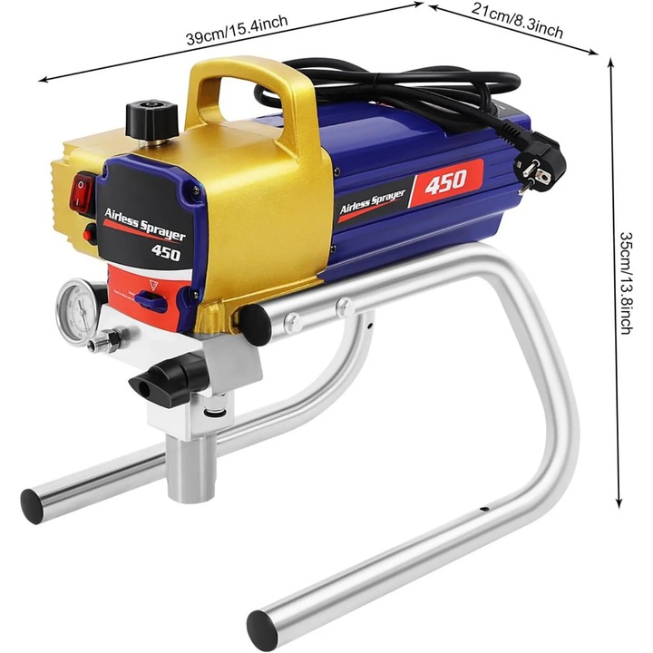 Airless festékszóró pisztoly, Szórópisztoly, Teljesítmény 1500 W, Max. nyomás 3300 PSI, Áramlási sebesség 2,2 l/perc, Fúvóka 517, Tömlő 8 m, 6,3 mm, Arany