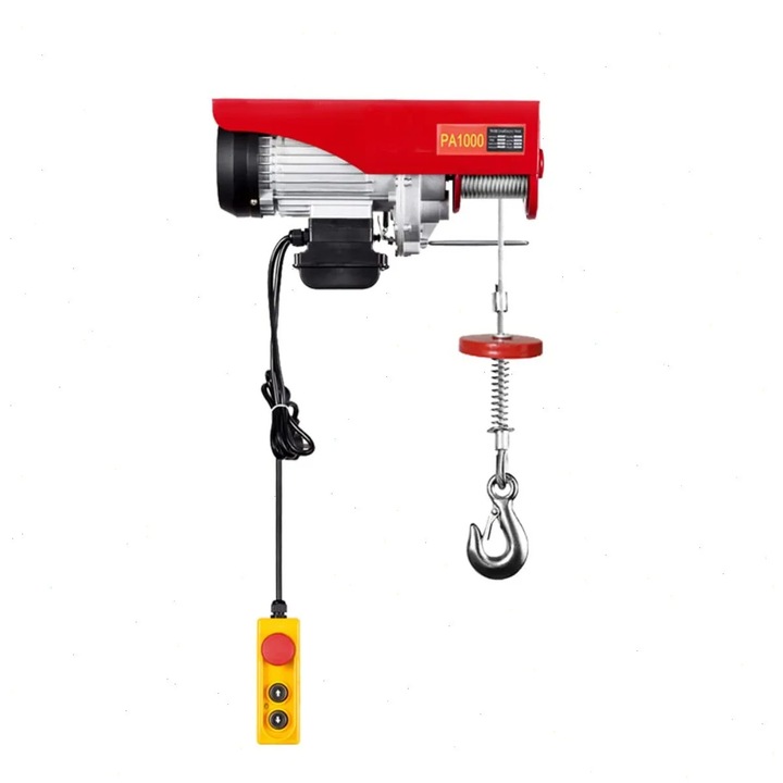 Troliu electric, Palan cu lant, Capacitate de ridicare 1000 kg, 1600 W, 220 V, Frana de siguranta, IP40, Fier si aluminiu, Rosu