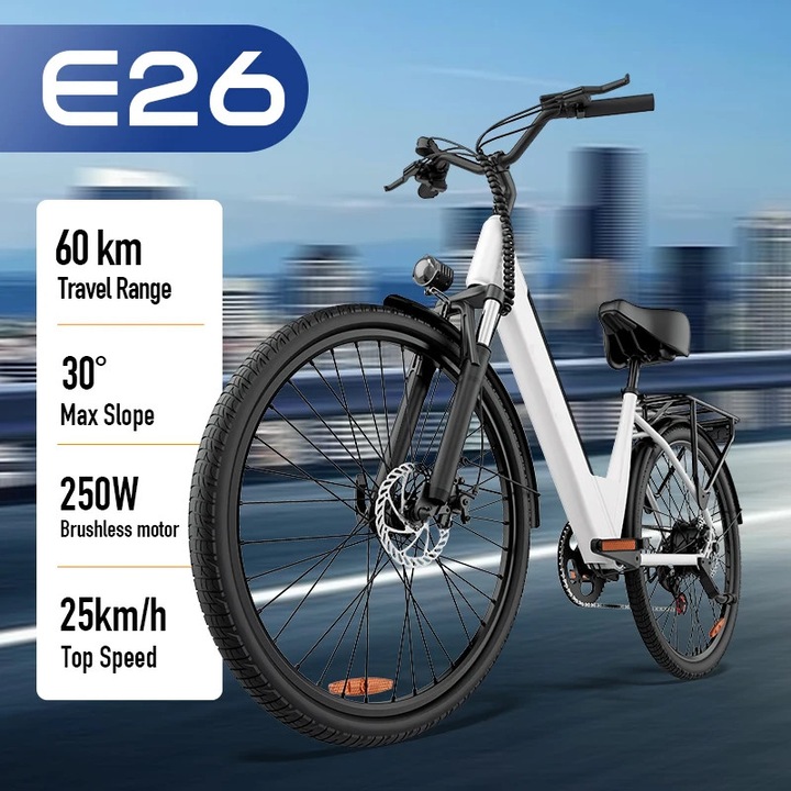 E26, Bicicleta electrica/E-bike urbana/commuter, Baterie litiu 48V, Motor fara perii 250W, Roti 66 cm, Autonomie >60 km, Viteza max 25 km/h, Alb