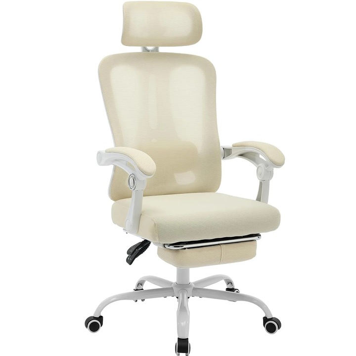Ergonomikus irodai szék, Gamer szék magas hálós háttámlával, Állítható deréktámasz, lábtartó, dönthető mechanizmus, állítható magasságú, forgatható, görgők, Bézs