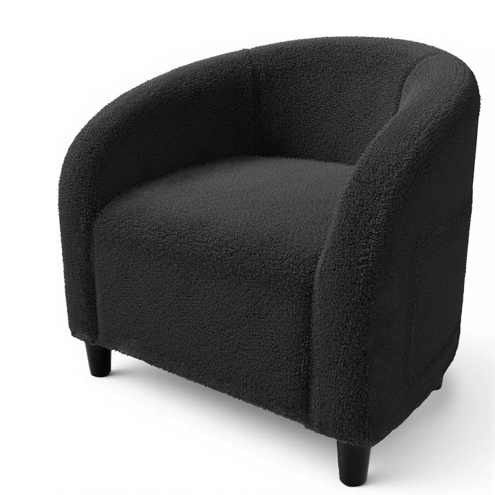 Bouclé akcent szék, Kerek hordó típusú fotel, Oldalsó zsebbel, Kárpitozott és párnázott, Modern design, Nappaliba, hálószobába, irodai recepcióra, Sötétszürke