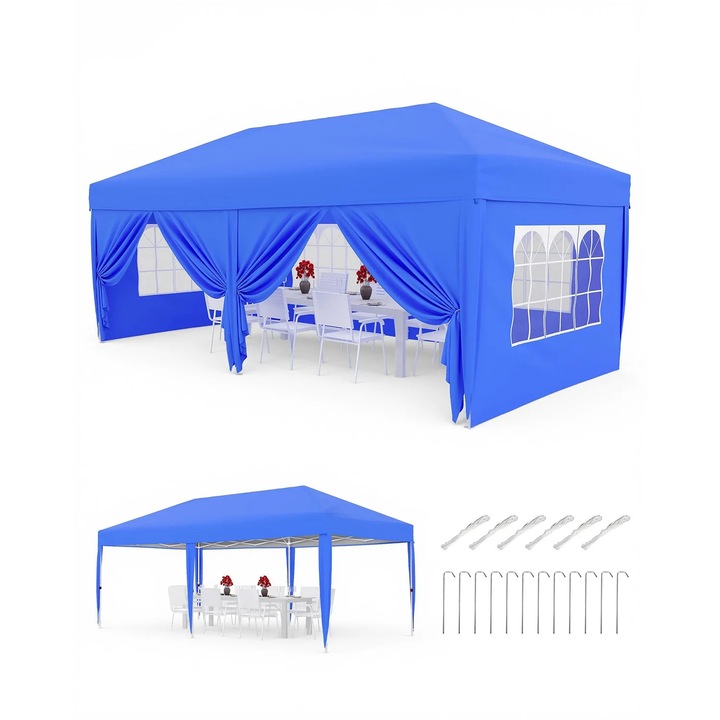 Павилион pop-up 3x6 м, Шатра за събития, Устойчив, Водоустойчив, 6 страни, Регулируема височина, Чанта с колелца, Син