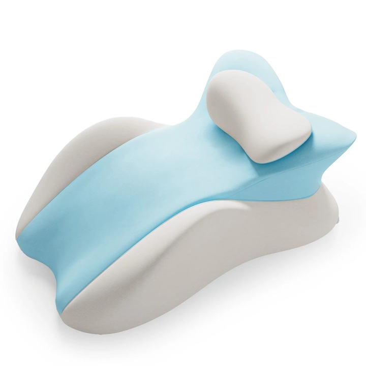 Perna ergonomica, Perna tip pana pentru dormit pe burta, Spuma cu memorie, Multi-pozitie, Husa detasabila lavabila, 58×38×23 cm, Albastru-gri