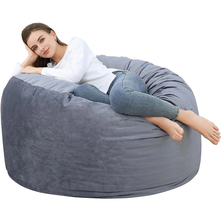 XXL babzsákfotel, bársony babzsák, 120x120x70 cm, puha és bolyhos, habszivacs töltet, levehető és mosható huzat, szürke