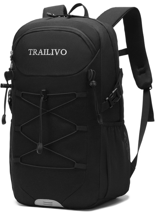 Túrahátizsák, TRAILIVO, 30 l, 3D Air Mesh vízálló és légáteresztő szellőzőrendszer, 3 rekesz, mellkasi pánt, biztonsági síp, fényvisszaverő elemek, fekete, 210D ripstop nejlon, poliészter
