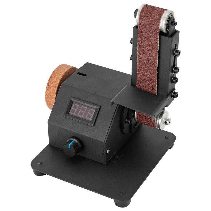 Mini szalagcsiszoló, Kombinált szalag- és tárcsacsiszoló, 350 W, 220 V, Változtatható sebesség 0–8500 ford./perc, Horganyzott acél, 19,3×20×15,1 cm, Fekete