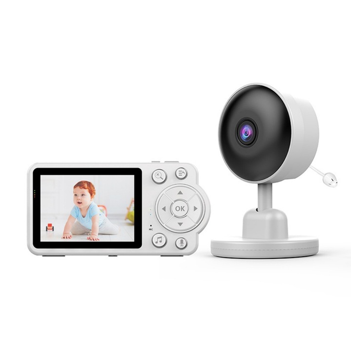 Monitor wireless pentru bebelusi, ecran LCD de 2, 8 inci, alarma la plans, memento pentru hranire, baterie litiu de 2600 mAh, interfon bidirectional, alb