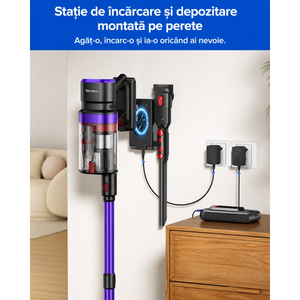 Teendow V20 Strong Aspirator vertical fara fir 3 in 1, cu acumulator, afisaj digital, autonomie de pana la 70 de minute, recipient de praf de 1.4 L, ecran tactil LED, lumina verde