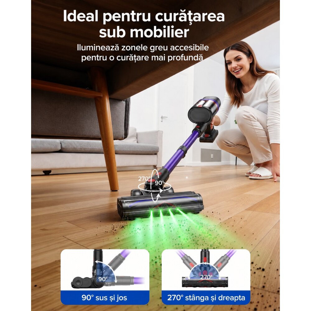 Teendow V20 Strong Aspirator vertical fara fir 3 in 1, cu acumulator, afisaj digital, autonomie de pana la 70 de minute, recipient de praf de 1.4 L, ecran tactil LED, lumina verde