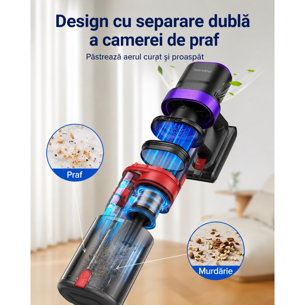 Teendow V20 Strong Aspirator vertical fara fir 3 in 1, cu acumulator, afisaj digital, autonomie de pana la 70 de minute, recipient de praf de 1.4 L, ecran tactil LED, lumina verde