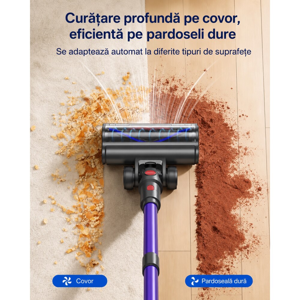 Teendow V20 Strong Aspirator vertical fara fir 3 in 1, cu acumulator, afisaj digital, autonomie de pana la 70 de minute, recipient de praf de 1.4 L, ecran tactil LED, lumina verde