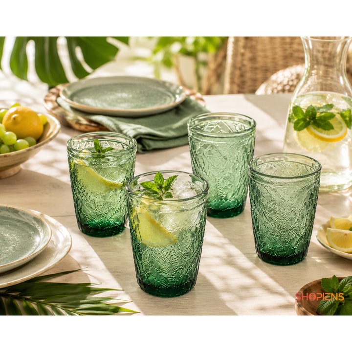4 db Zöld Üvegpohár Trópusi Levélmintával, Dombornyomott Textúrával, 380 ml Űrtartalommal Vízhez, Gyümölcsléhez, Limonádéhoz, Koktélhoz és Terítéshez Shopiens®